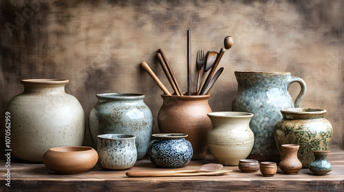 Artistic Representation of Various Ceramic Pots and Wooden Tools on Display, Showcasing Craftsmanship and Rustic Aesthetic in a Warm, Natural Setting 