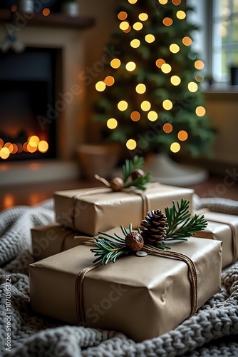Christmas presents wrapped in kraft paper with twine, adorned with pine cones and evergreen sprigs, placed in a cozy setting with a lit Christmas tree and warm fireplace glow in the background