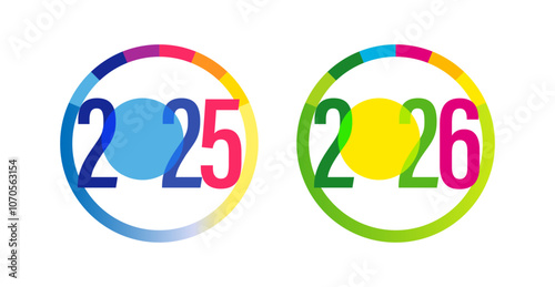 Set of new year 2025 and 2026 round icons. Flat geometric style, colourful design. Badge concept. Business or fiscal year logo template. Web banner. Blue and green colours. Advertising sticker.