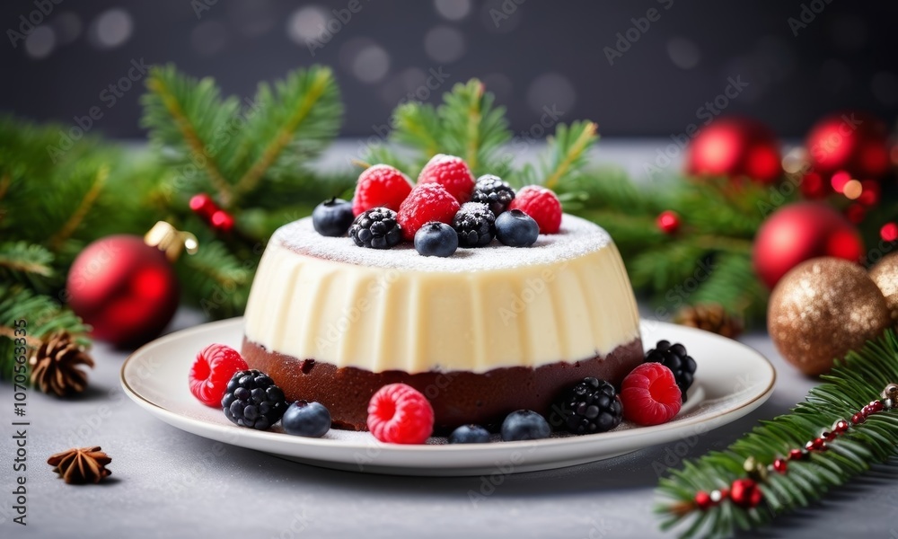 Perfect holiday pudding topped with fresh berries and festive decor, creating a delightful centerpiece for Christmas celebrations and seasonal gatherings Perfect holiday pudding topped with fresh berries and festive decor, creating a delightful centerpiece for Christmas celebrations and seasonal gatherings