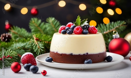 Perfect holiday pudding topped with fresh berries and festive decor, creating a delightful centerpiece for Christmas celebrations and seasonal gatherings