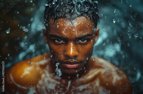 A man of Indian appearance looks at the camera in the pouring rain