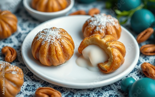 A close-up of three pumpkin-shaped pastries dusted with powdered sugar and filled with a creamy white filling, resting on a white plate photo