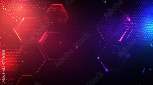 Abstract Digital Hexagon Pattern with Red and Blue Neon Lights