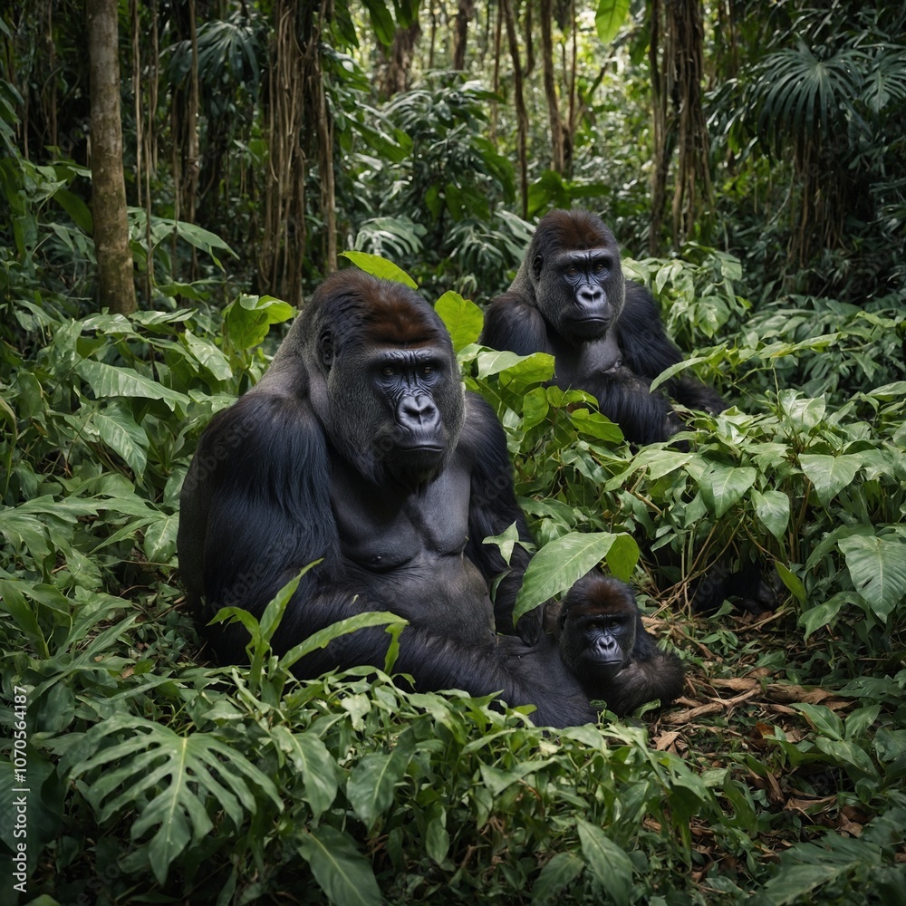 A family of gorillas resting in a rainforest clearing, surrounded by large tropical leaves and vines.
A family of gorillas resting in a rainforest clearing, surrounded by large tropical leaves and vines.
