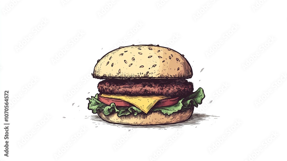 a 2D cartoon illustration of a burger with lettuce, tomato, and cheese, tasty and colorful, white background--ar 16:9 a 2D cartoon illustration of a burger with lettuce, tomato, and cheese, tasty and colorful, white background--ar 16:9