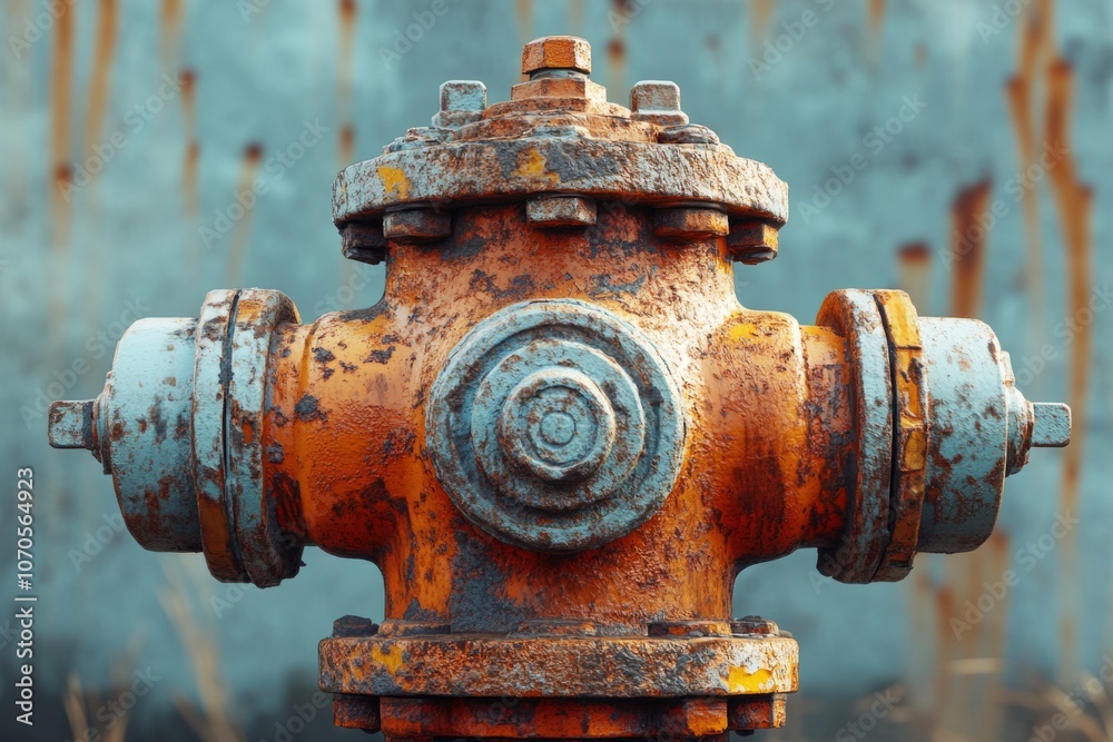 Close-up of a rusty fire hydrant with peeling paint, highlighting its age and deterioration against a blurred industrial backdrop Close-up of a rusty fire hydrant with peeling paint, highlighting its age and deterioration against a blurred industrial backdrop