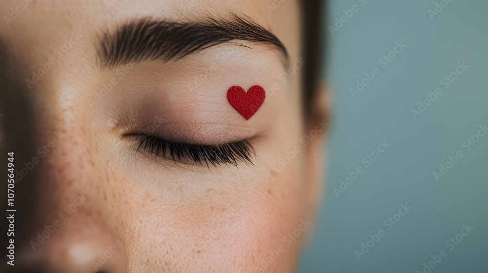 Obraz premium A closed eye with a small heart above, representing inner peace and emotional rest.