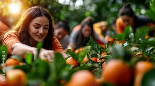 A young woman gleefully picking ripe oranges in a lush, sunlit orchard, with other workers also enjoying the abundant and vibrant harvest scene.