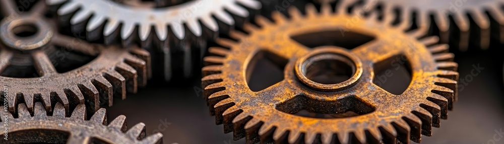 Antique machine gears in close-up, worn metal with intricate detailing, representing industrial history Antique machine gears in close-up, worn metal with intricate detailing, representing industrial history