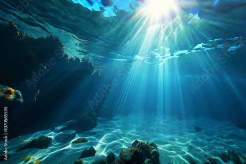 underwater sunbeams sunlight penetrates the waves creating beams photo