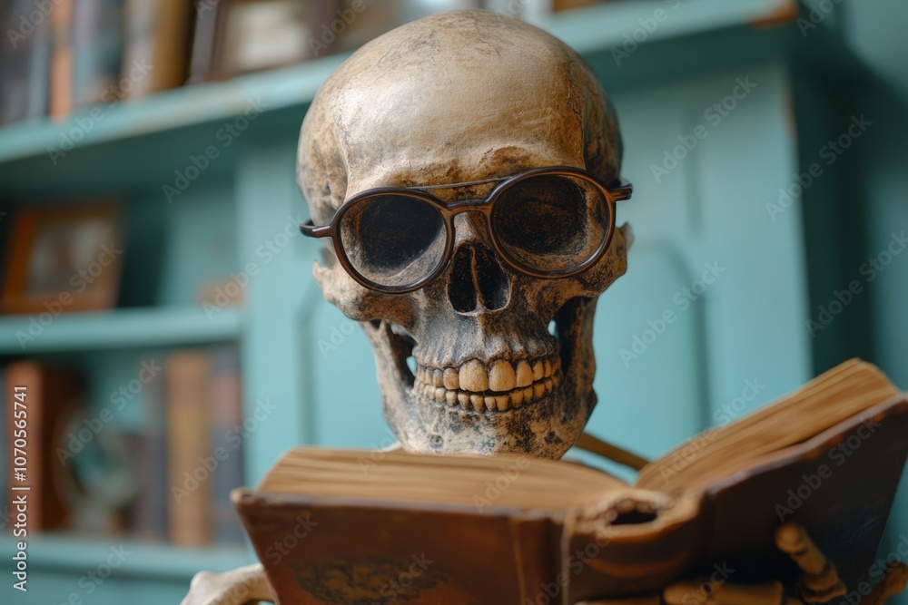 Skeleton with round glasses reading an old book in a library with turquoise shelves Skeleton with round glasses reading an old book in a library with turquoise shelves