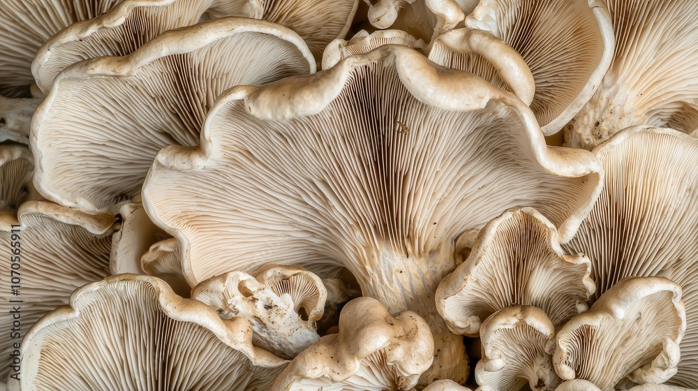 Close-up of oyster mushrooms with visible gills. Close-up of oyster mushrooms with visible gills.