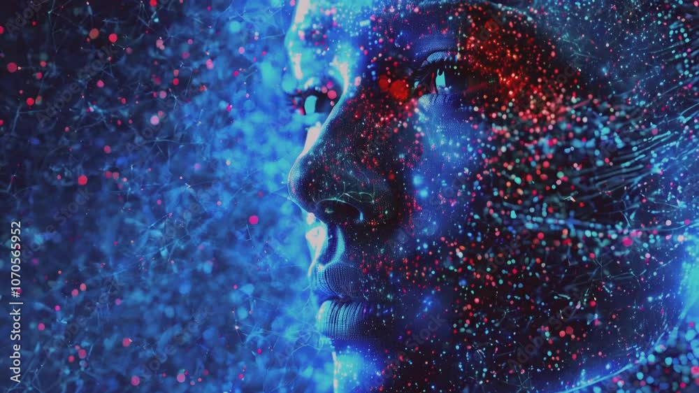 Futuristic close-up of a face with glowing blue and red neon light effects, creating a surreal, cybernetic atmosphere. The intense colors and light patterns evoke a sense of artificial intelligence an Futuristic close-up of a face with glowing blue and red neon light effects, creating a surreal, cybernetic atmosphere. The intense colors and light patterns evoke a sense of artificial intelligence an