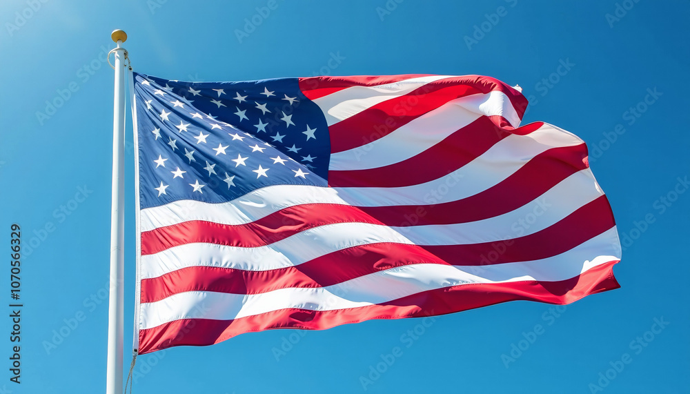 Fototapeta premium Majestic American Flag Against a Clear Blue Sky