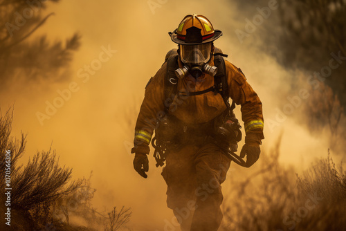 Brave firefighter wearing protective gear and oxygen mask walking through heavy smoke during wildfire fighting operation