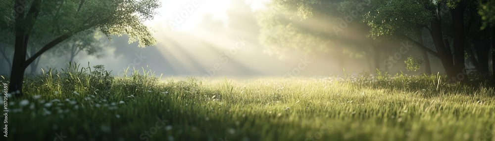 Sunbeams illuminating a grassy field at dawn, with clear sky and lush forest edge Sunbeams illuminating a grassy field at dawn, with clear sky and lush forest edge