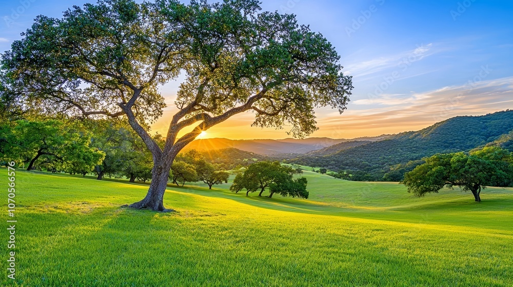 Fototapeta premium Sunrise over lush meadow, golden light filtering through trees, peaceful and serene landscape