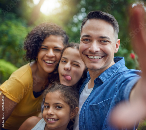 Parents, girls and happy in garden with selfie for memories, bonding and social media post in Mexico. Outdoor, people and smile as family at home on portrait with support, care and trust for profile