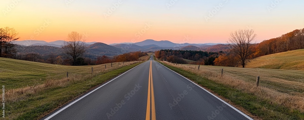 Obraz premium Adventurous road trip through nature, steering through picturesque hills at sunset