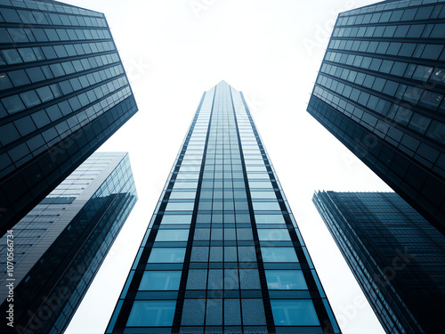 Tall glass skyscraper surrounded by modern buildings under a cloudy sky