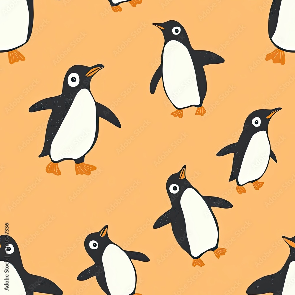 Naklejka premium A Seamless Pattern of Adorable Cartoon Penguins on an Orange Background