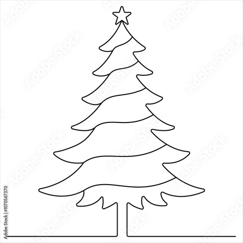 Continuous single line art drawing of Christmas tree outline design vector illustration