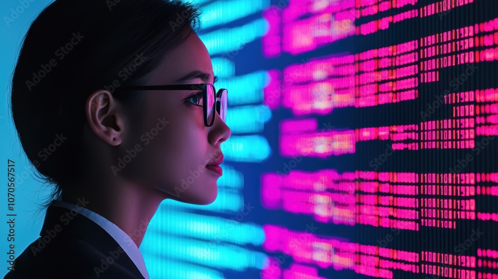 Obraz premium A focused individual examines vibrant data streams on a screen, showcasing the intersection of technology and analysis.
