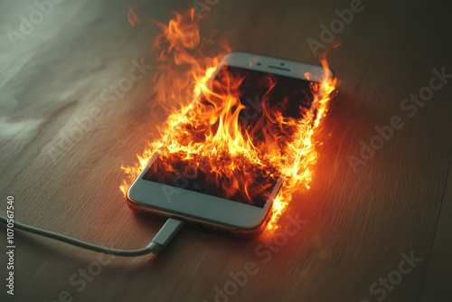 White smartphone burning on wooden table while charging, representing danger of faulty devices photo