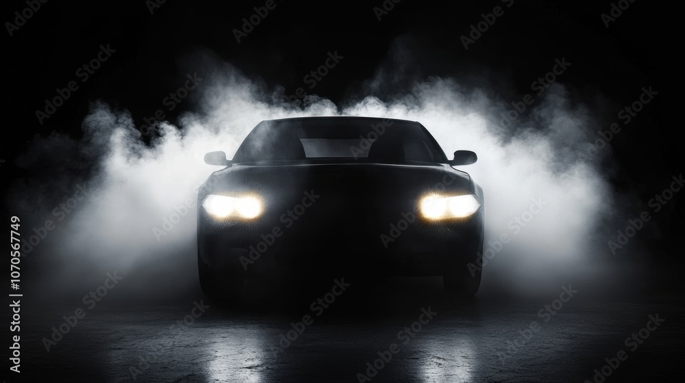 A sleek, dark sports car emerges from a cloud of smoke, its headlights piercing through the darkness A sleek, dark sports car emerges from a cloud of smoke, its headlights piercing through the darkness