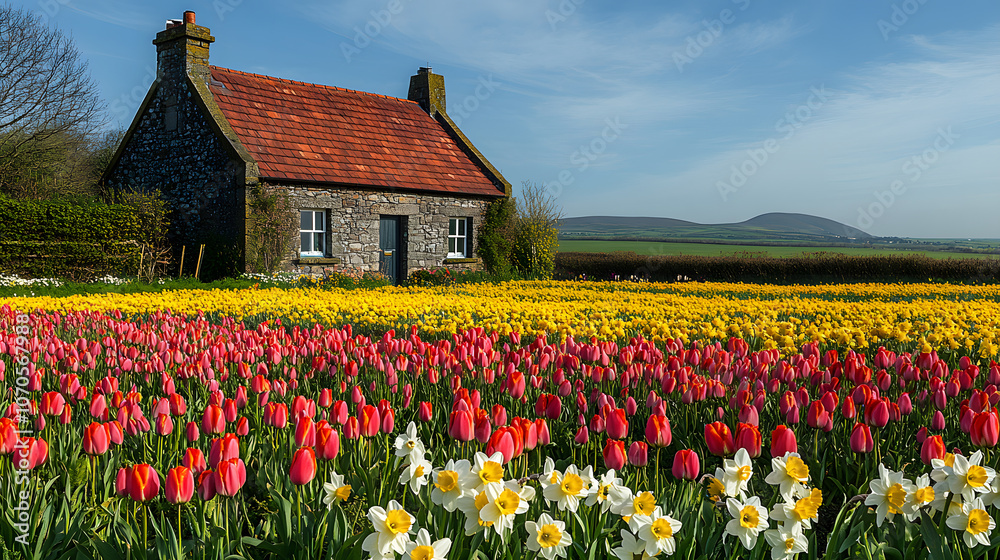 A beautiful image of a vibrant field of tulips and daffodils in bloom near a rustic Irish farmhouse, with a clear blue sky above and the distant outline of hills in the background, epitomizing spring A beautiful image of a vibrant field of tulips and daffodils in bloom near a rustic Irish farmhouse, with a clear blue sky above and the distant outline of hills in the background, epitomizing spring