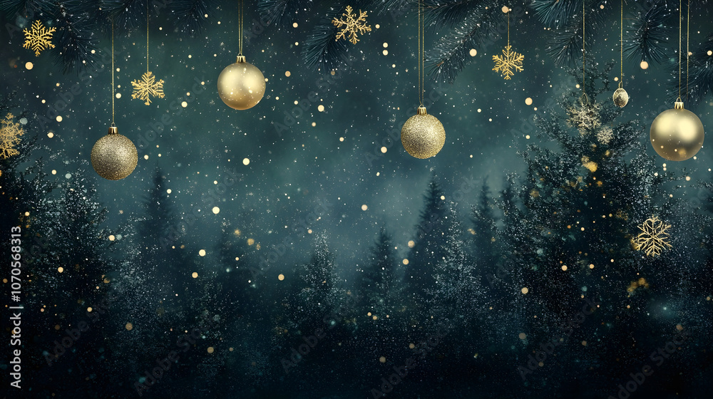Fototapeta premium Festive Christmas night scene with a rich forest green background adorned with glittering golden ornaments and delicate snowflakes falling softly