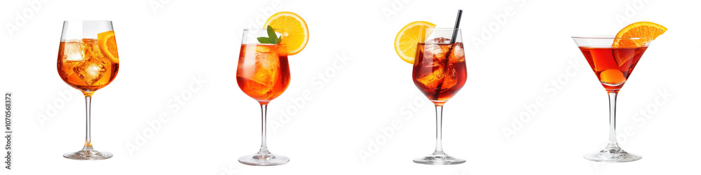 Collection of refreshing summer cocktail and aperitif drinks with orange slices citrus ice cubes and glassware on white background Alcoholic beverage mixology and bar concept Collection of refreshing summer cocktail and aperitif drinks with orange slices citrus ice cubes and glassware on white background Alcoholic beverage mixology and bar concept