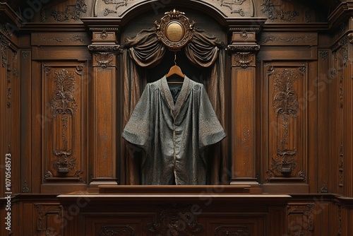 An artistic depiction of a judge's robe hanging in an ornate courtroom, capturing the solemnity and dignity associated with the judicial profession, emphasizing the importance of justice photo