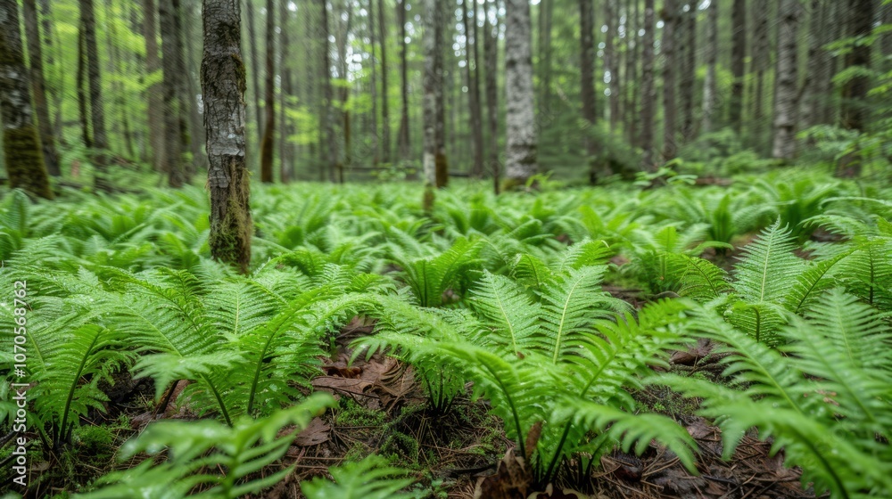 A lush forest floor adorned with vibrant green ferns beneath towering trees conveying the essence of tranquility and natural beauty