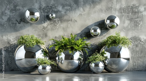 Wall art, chrome balls in different sizes and shapes on the wall with plants inside them photo