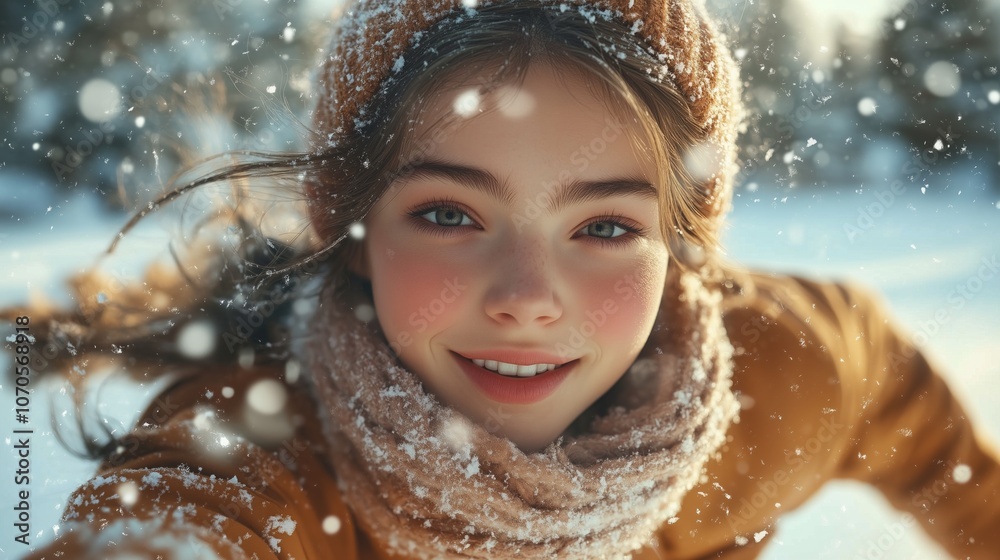 A cheerful girl enjoys a snowy day outdoors, bundled up in a beanie and scarf, with snowflakes around her. A cheerful girl enjoys a snowy day outdoors, bundled up in a beanie and scarf, with snowflakes around her.