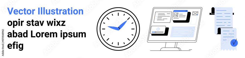 Clock indicating time, computer screen with business charts and documents, tax form with signature. Ideal for productivity, office work, time management, analytics, business presentations, planning Clock indicating time, computer screen with business charts and documents, tax form with signature. Ideal for productivity, office work, time management, analytics, business presentations, planning