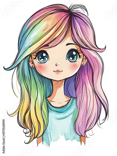 Colorful Chibi Girl with Pastel Hair and Big Eyes