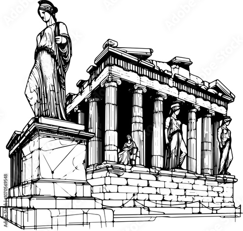 linear drawing of the Acropolis dilapidated Caryatids, made with one continuous black line and isolated on a white background