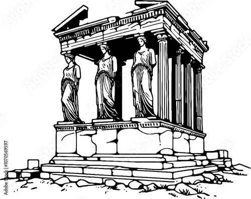 linear drawing of the Acropolis dilapidated Caryatids, made with one continuous black line and isolated on a white background