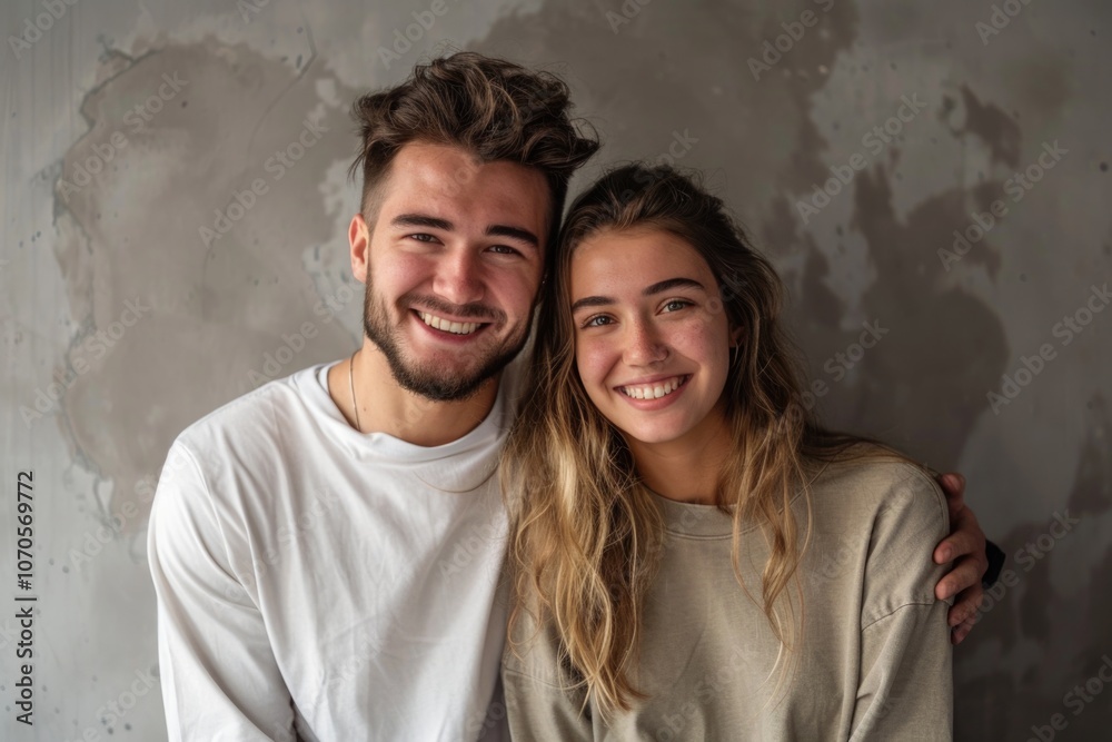 Man Concrete. Portrait of Beautiful Woman and Boyfriend Smiling Together with Joyful Expression Man Concrete. Portrait of Beautiful Woman and Boyfriend Smiling Together with Joyful Expression