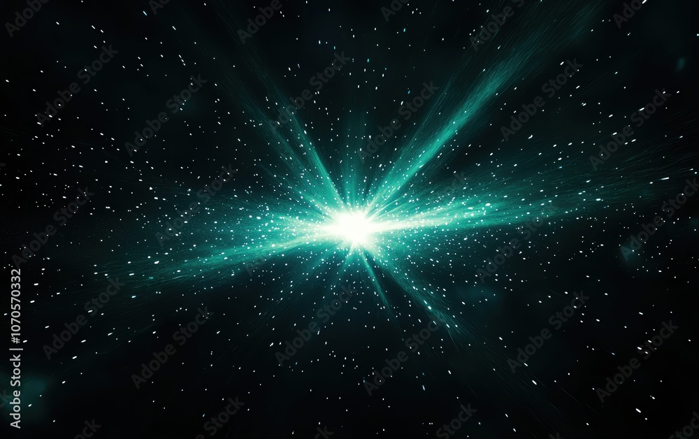 Bright cosmic explosion with teal rays in a starry dark background. Bright cosmic explosion with teal rays in a starry dark background.