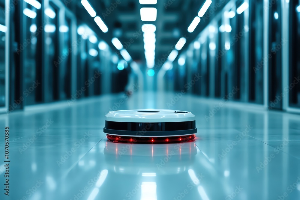 Autonomous robot cleaner on a reflective floor in a modern facility. Autonomous robot cleaner on a reflective floor in a modern facility.