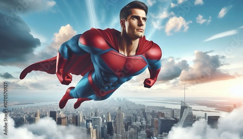 Superman, the superhero flies over the city. 