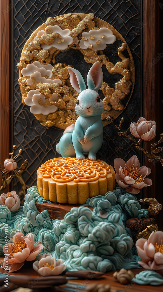a mooncake with a rabbit and chinese traditional vibess. chinese new year zodiac a mooncake with a rabbit and chinese traditional vibess. chinese new year zodiac