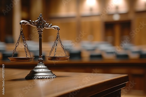 A detailed courtroom scene featuring a judge presiding over a trial, with the jury attentively listening and the scales of justice symbolically placed on the judge's bench, representing fairness  photo