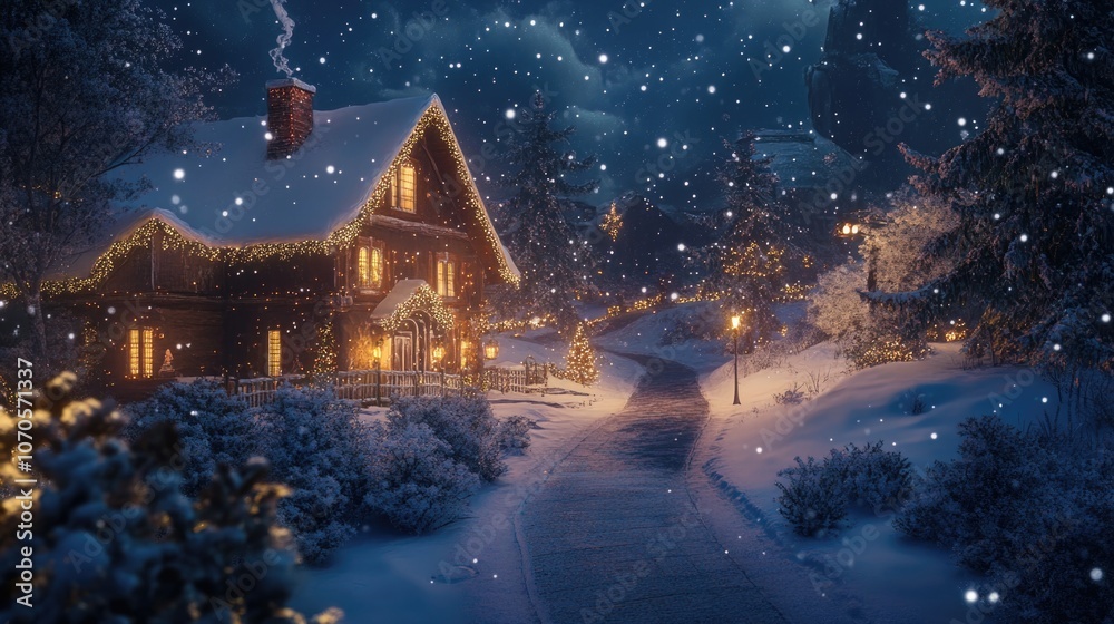 Fototapeta premium Charming Snowy Road Leading to a Beautifully Decorated Home in Christmas Style - A Delightful Evening Photo for a New Year's Postcard