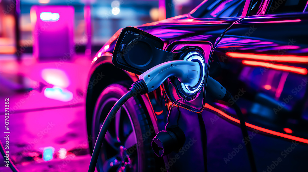 Close up an electric car charging, with neon lights glowing around the charging port during the charging process. Automotive technology and the futuristic of electric vehicle charging
Close up an electric car charging, with neon lights glowing around the charging port during the charging process. Automotive technology and the futuristic of electric vehicle charging