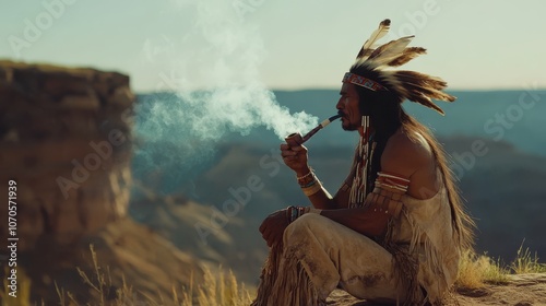 A North American Indian sits and smokes a pipe of peace photo